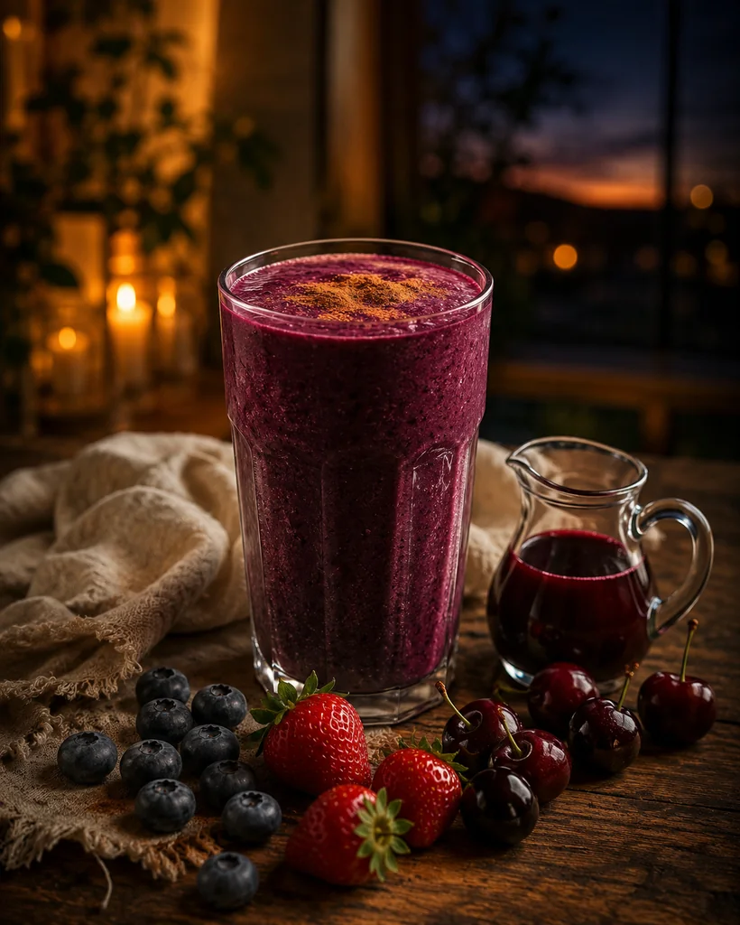The Overnight Kidney Tonic — a deep berry drink photographed at dusk